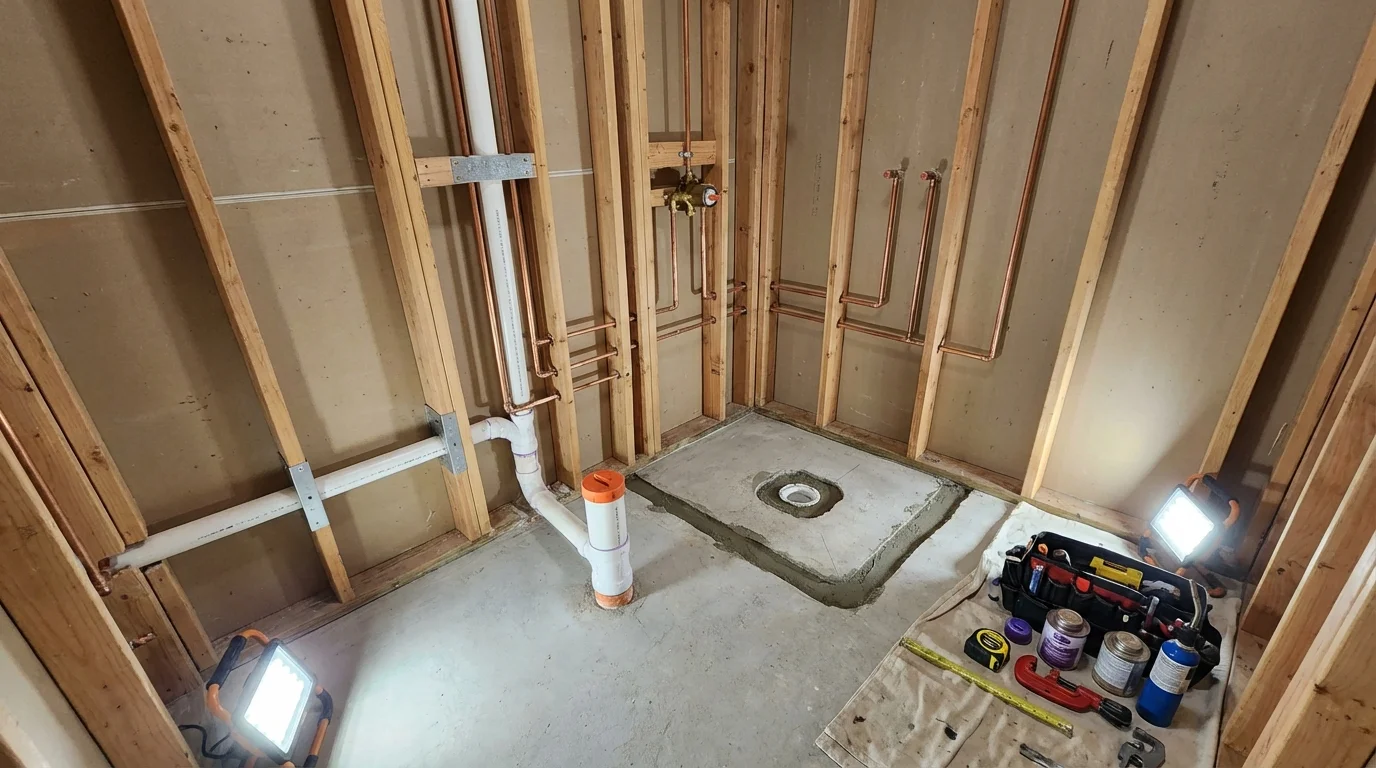 Bathroom rough-in plumbing during remodel by Johns Plumbing LLC in Baxter