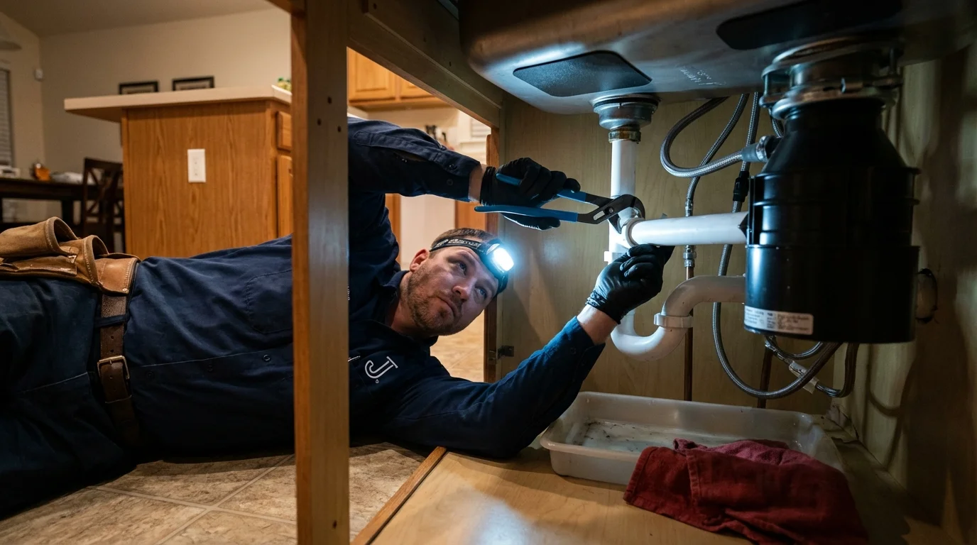 P-trap and supply line connections under a kitchen sink showing a common leak point in Baxter, TN
